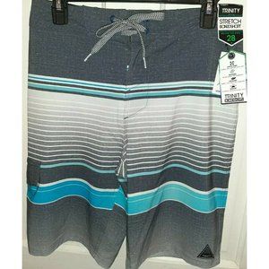 Size 28 Trinity Stretch Below the Knee Striped Gray Blue Board Shorts NEW